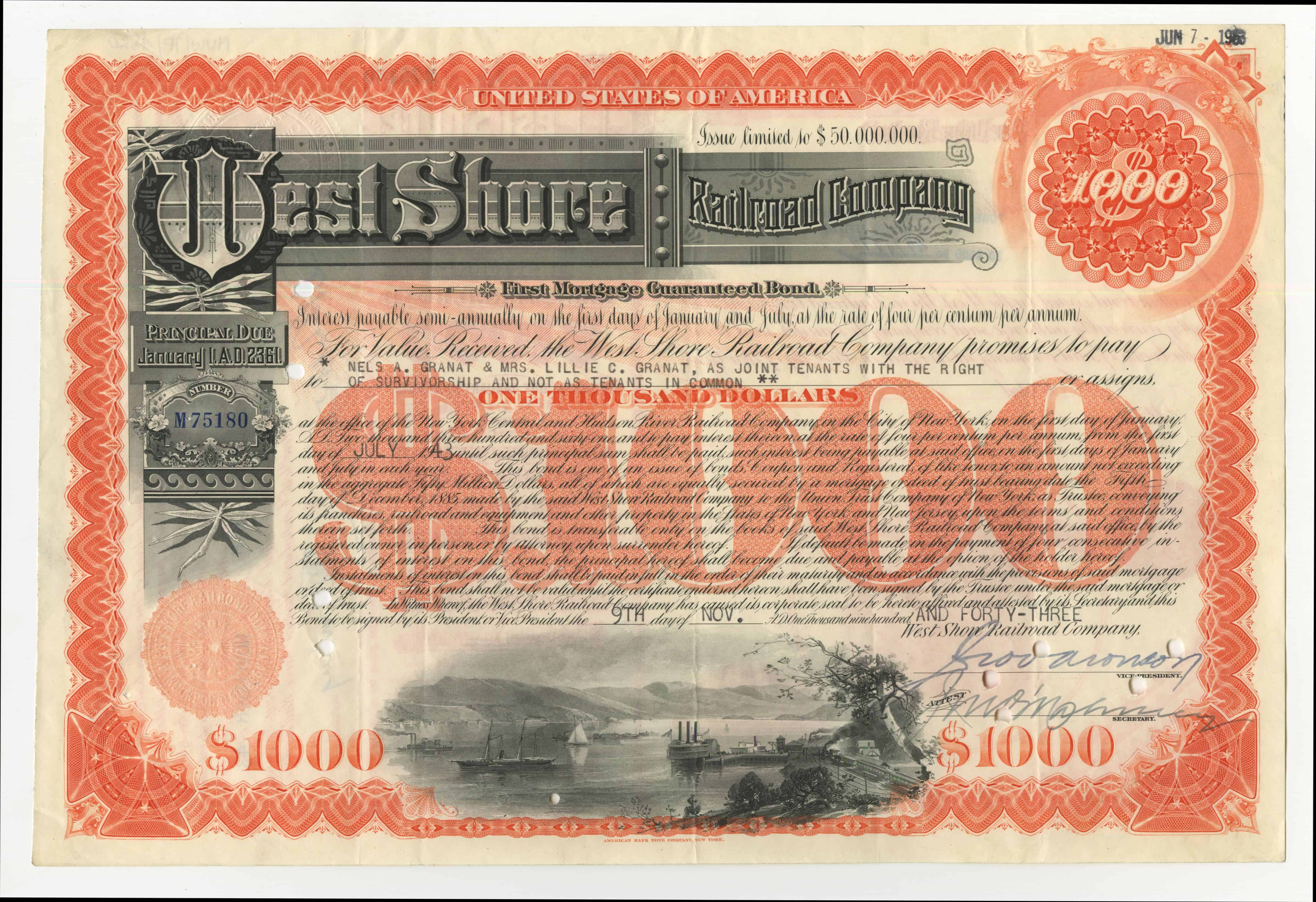 Obligacje West Shore Railroad Company o wartości 1000 dolarów z dnia 9 listopada 1943 roku