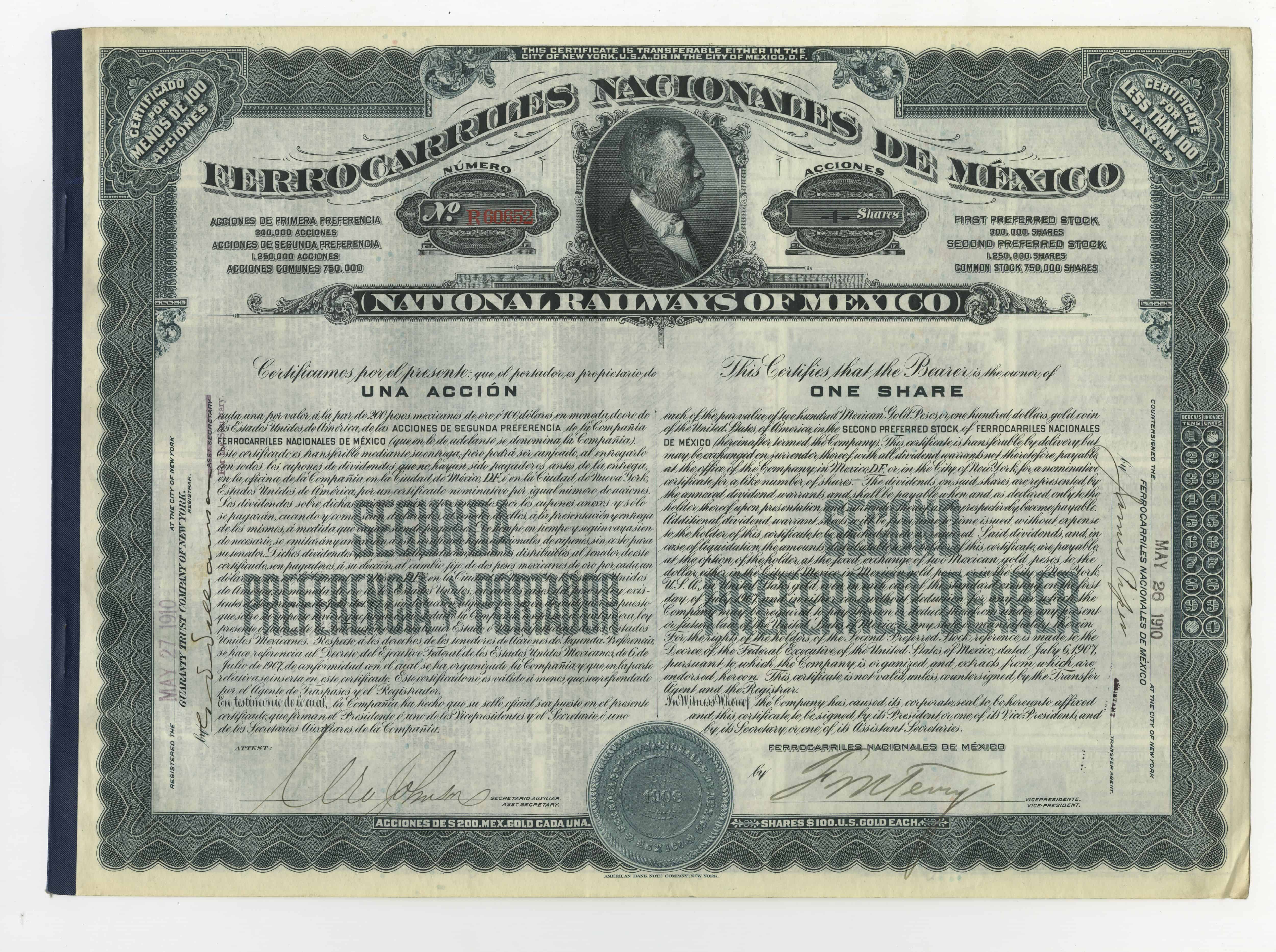 1 akcja spółki National Railways of Mexico z dnia 27 maja 1910 roku