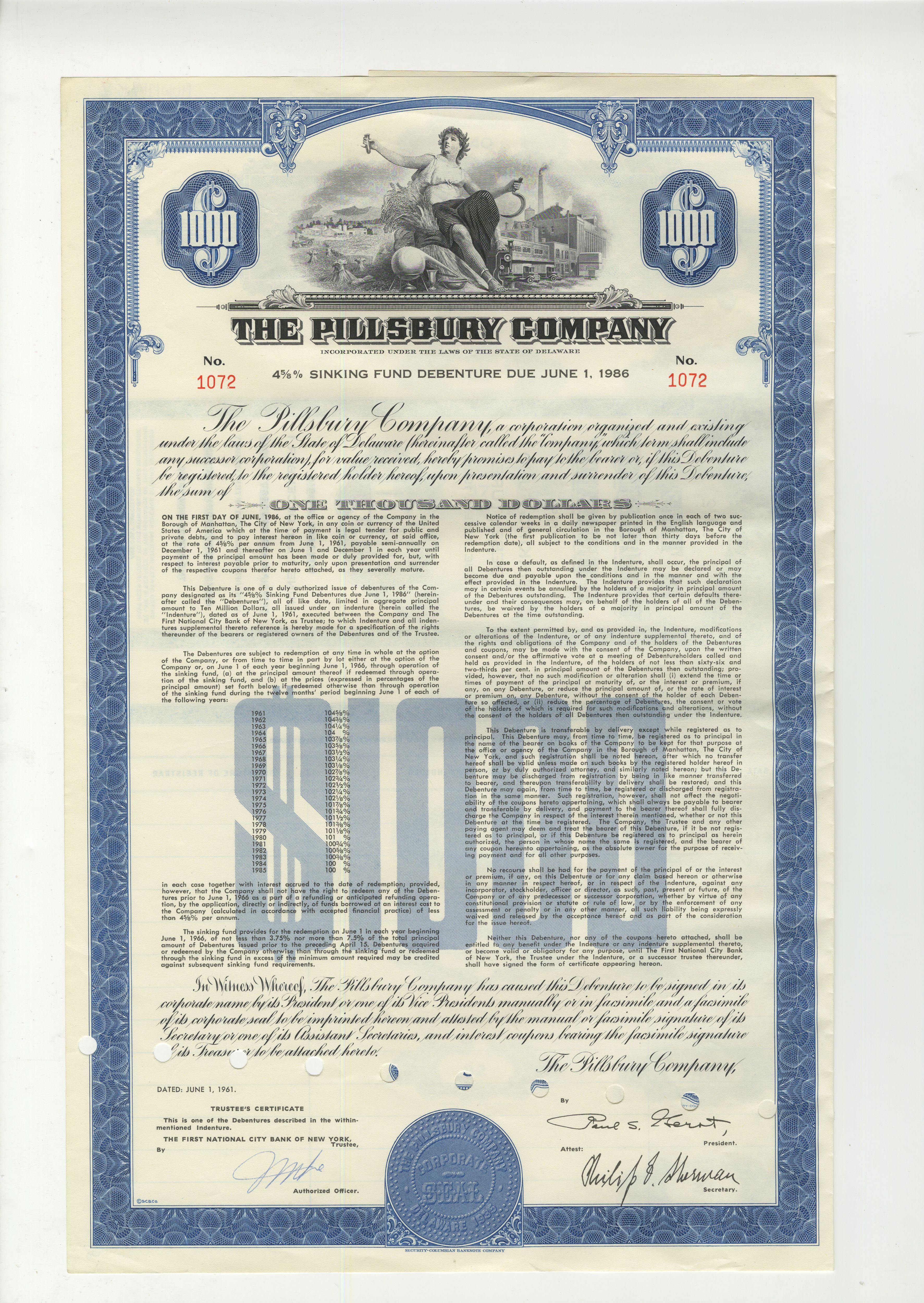 Obligacje The Pillsbury Company z 1 czerwca 1961 roku.