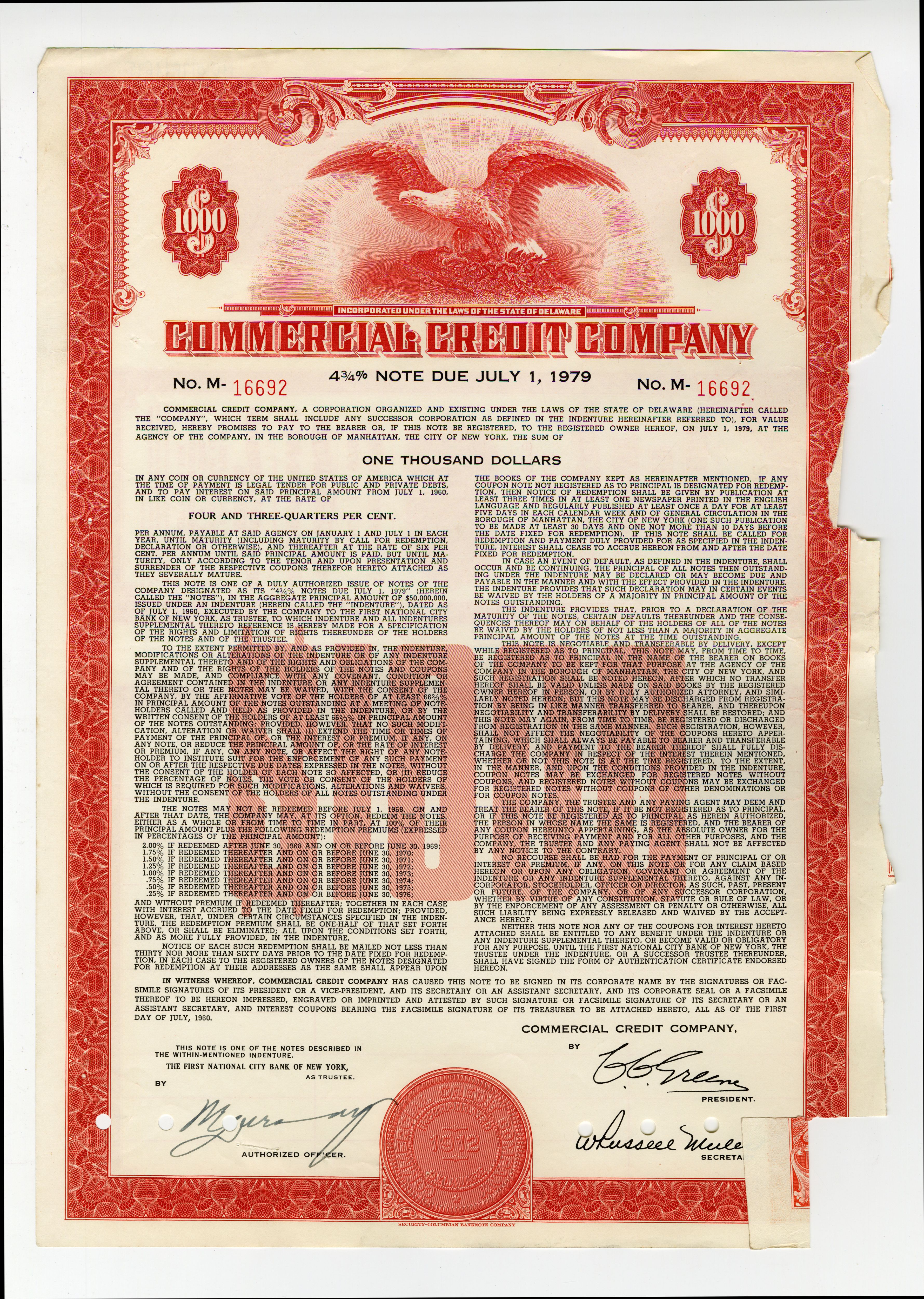 Obligacje Commercial Credit Company z 1 lipca 1960 roku.