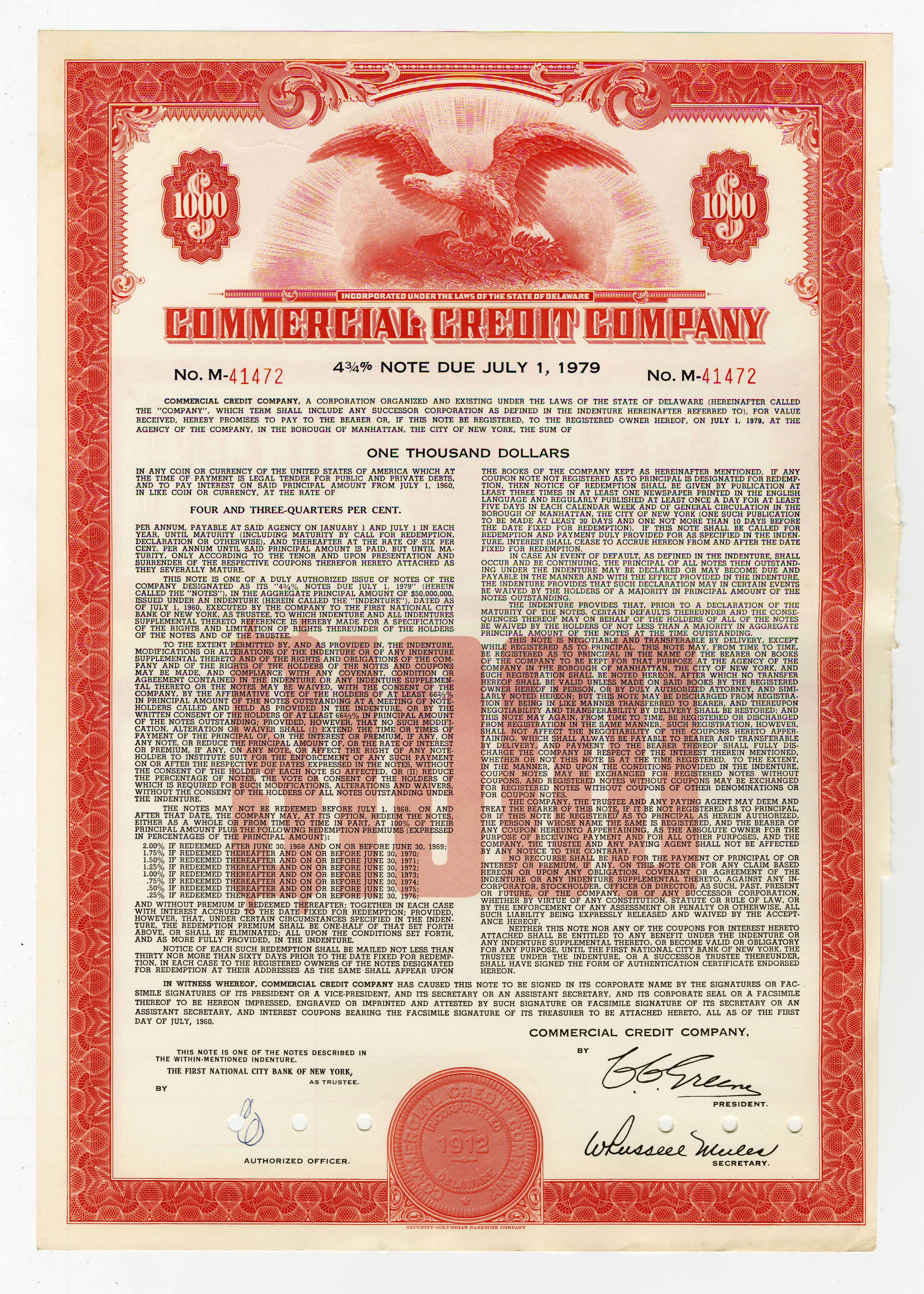 Obligacje Commercial Credit Company z 1 lipca 1960 roku.
