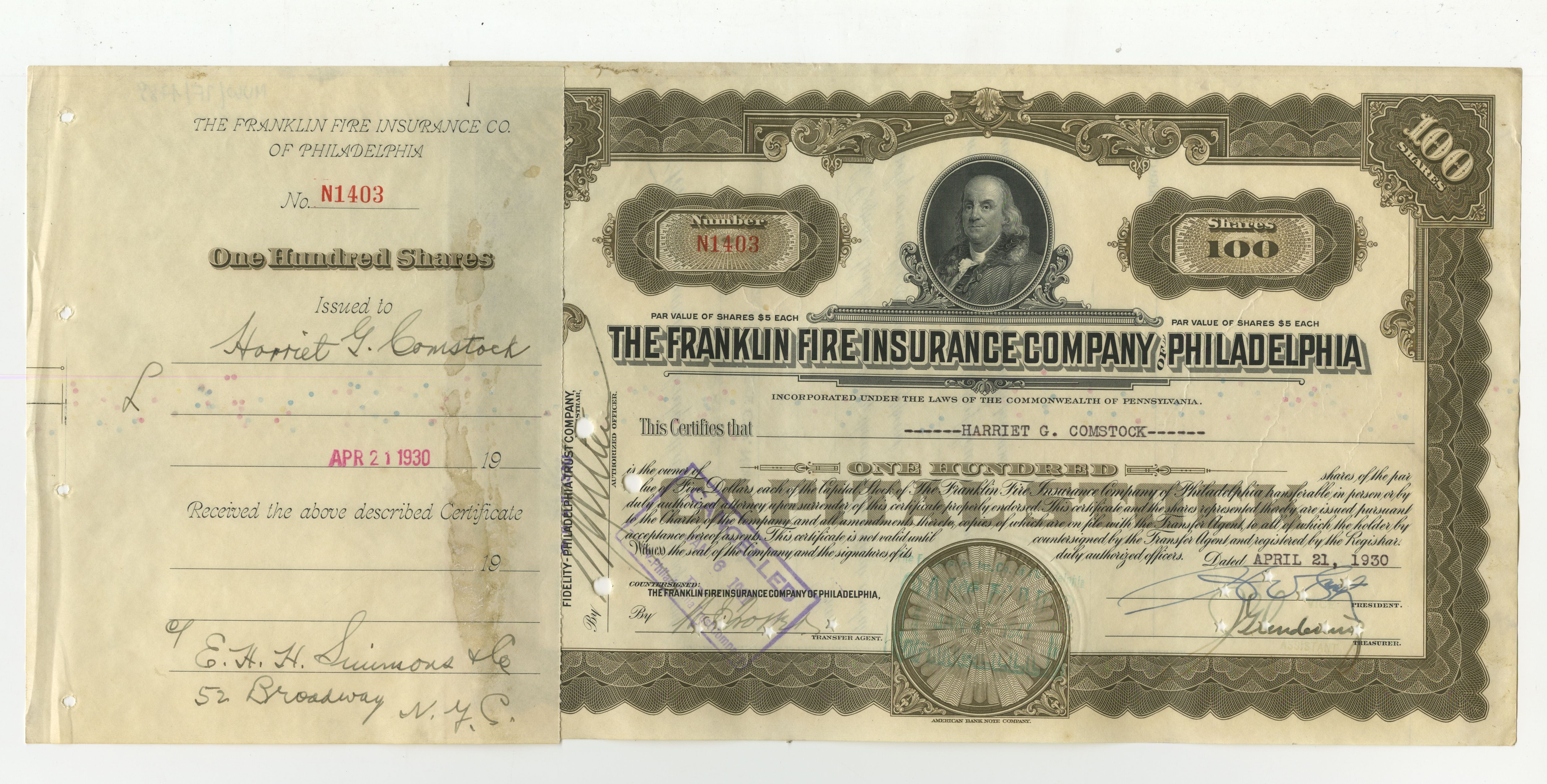 100 akcji The Franklin Fire Insurance Company of Philadelphia z 21 kwietnia 1930 roku.