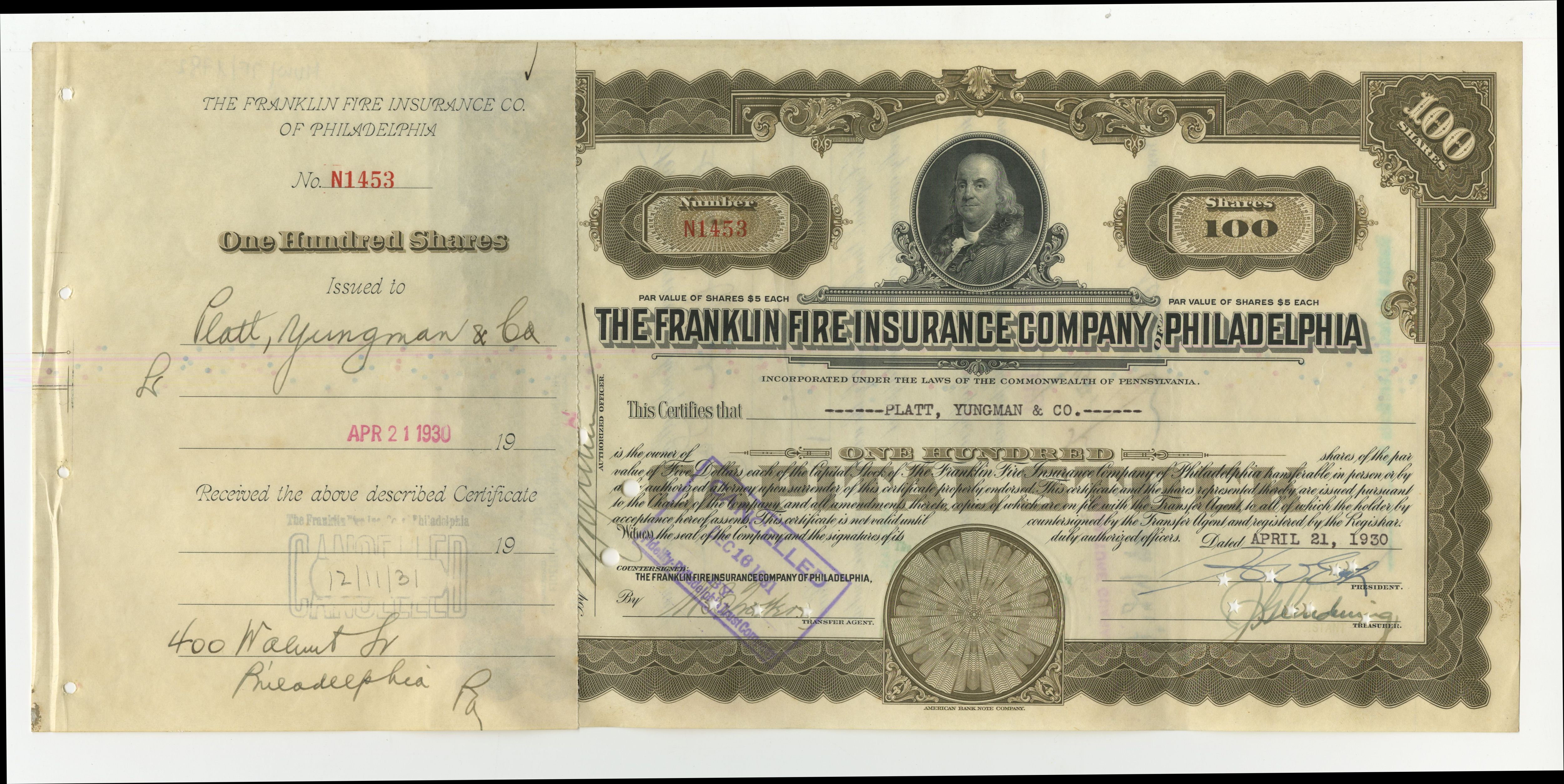 100 akcji The Franklin Fire Insurance Company of Philadelphia z 21 kwietnia 1930 roku