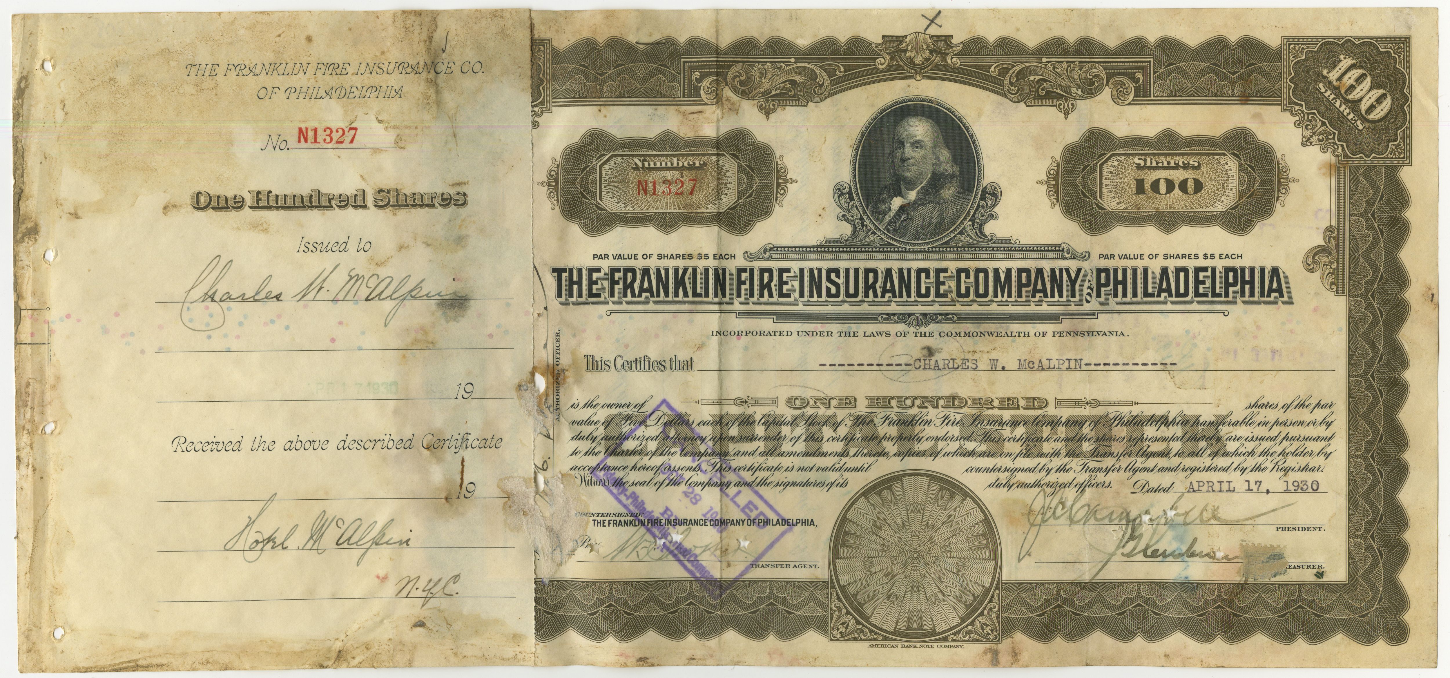 100 akcji The Franklin Fire Insurance Company of Philadelphia z 17 kwietnia 1930 roku.