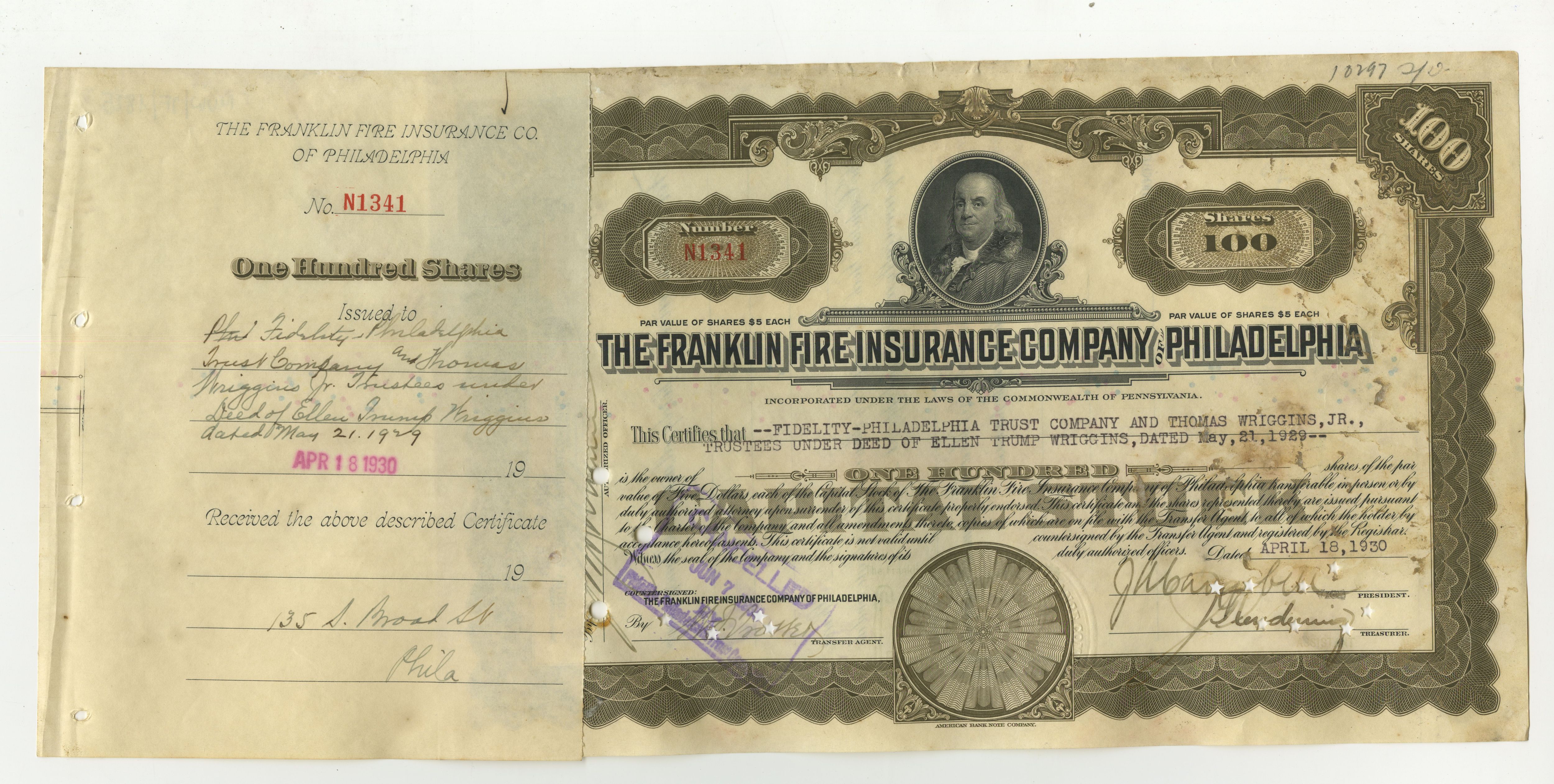100 akcji The Franklin Fire Insurance Company of Philadelphia z 18 kwietnia 1930 roku.