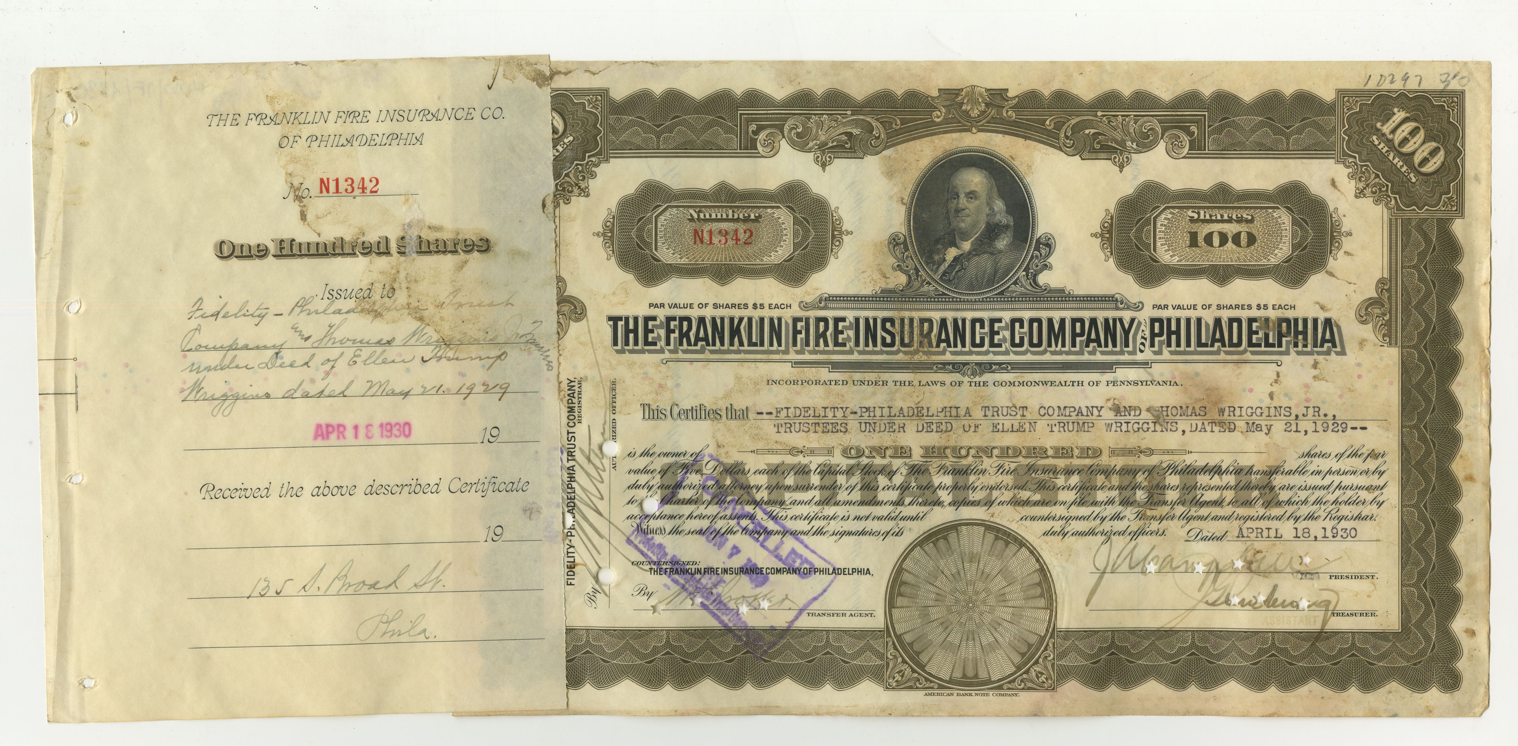 100 akcji The Franklin Fire Insurance Company of Philadelphia z 18 kwietnia 1930 roku.