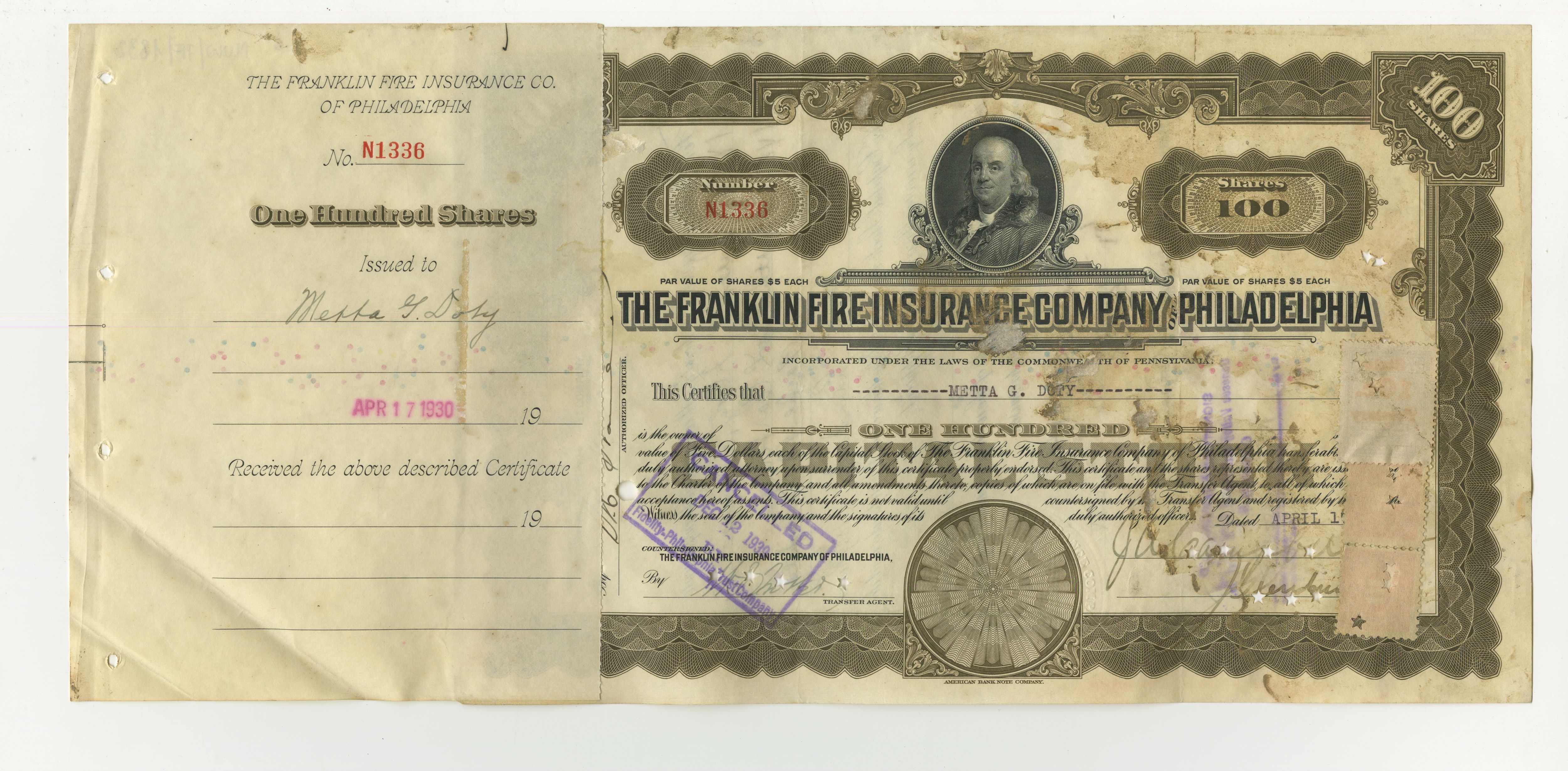 100 akcji The Franklin Fire Insurance Company of Philadelphia z 17 kwietnia 1930 roku.