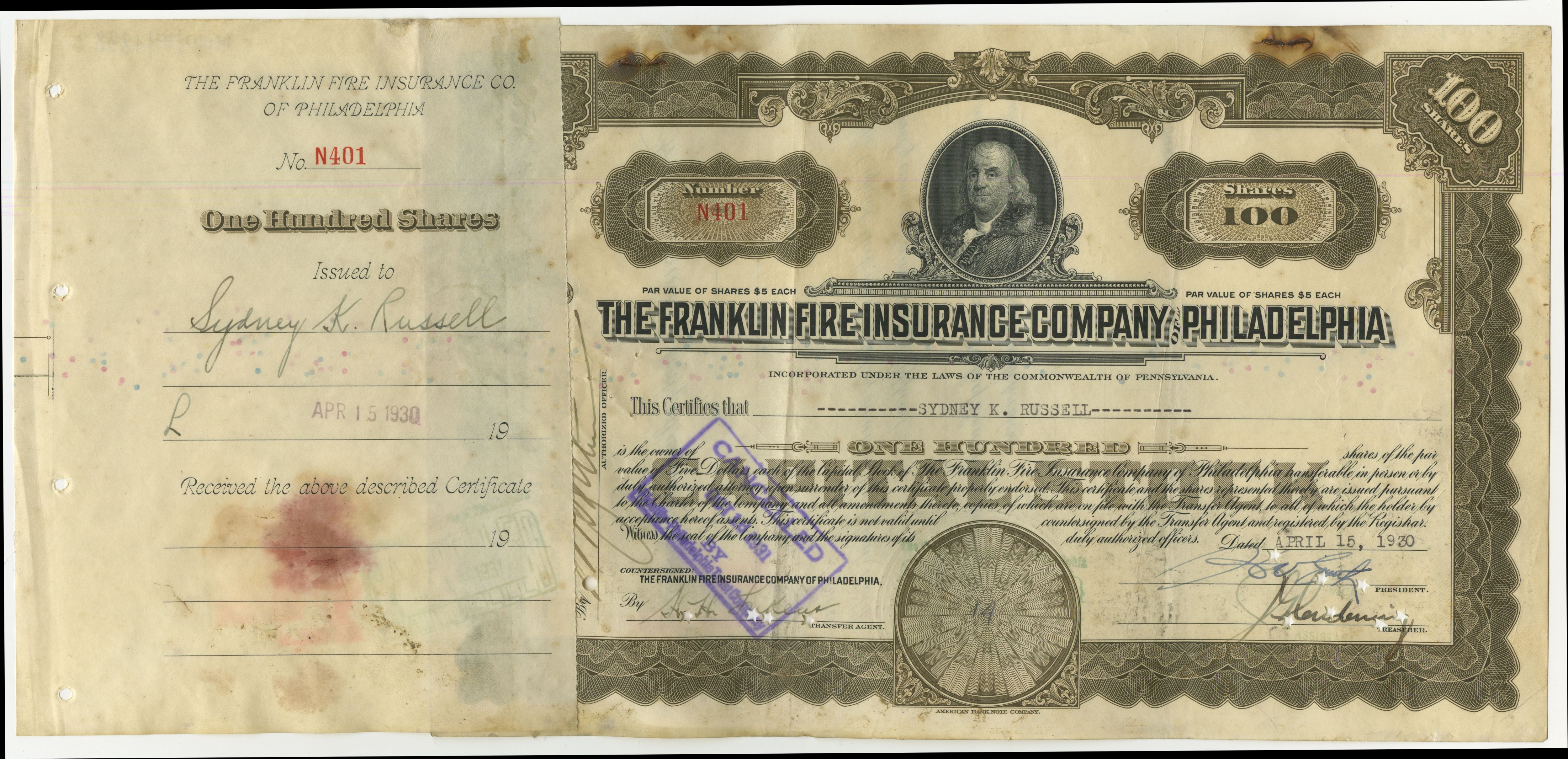 100 akcji The Franklin Fire Insurance Company of Philadelphia z 15 kwietnia. 1930 roku