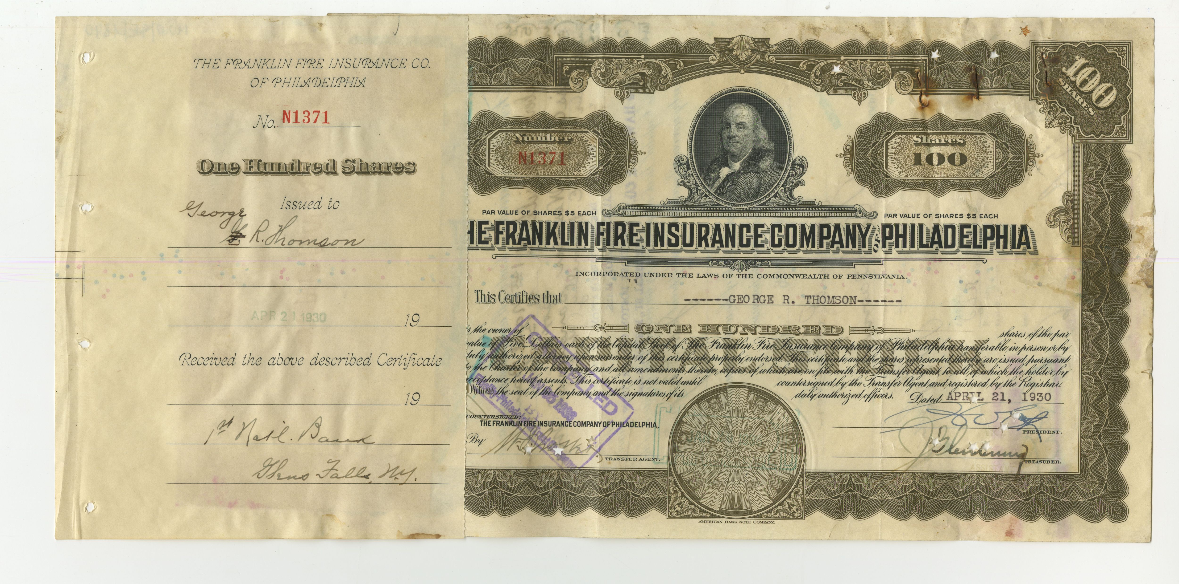 100 akcji The Franklin Fire Insurance Company of Philadelphia z 21 kwietnia 1930 roku.