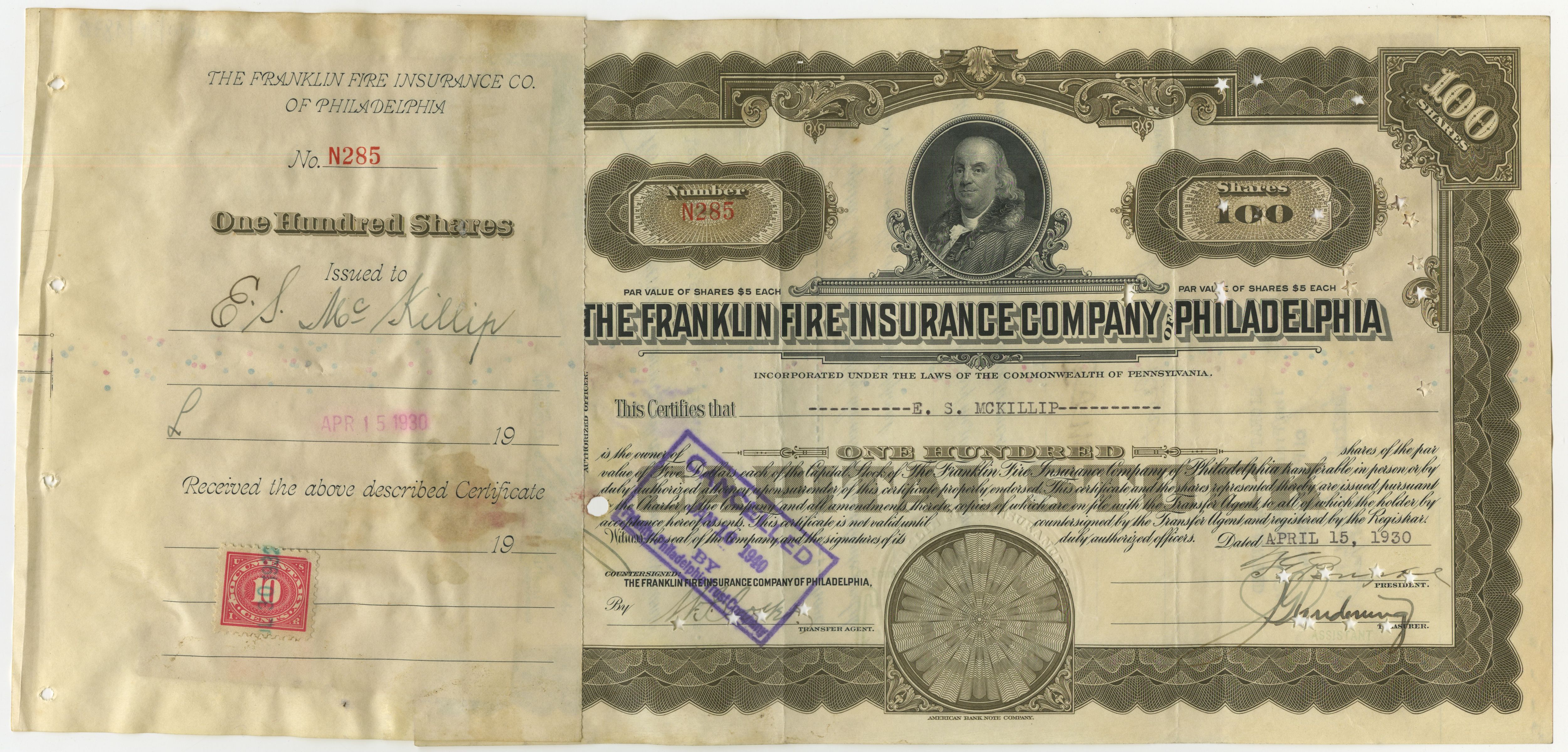 100 akcji The Franklin Fire Insurance Company of Philadelphia z 15 kwietnia 1930 roku.