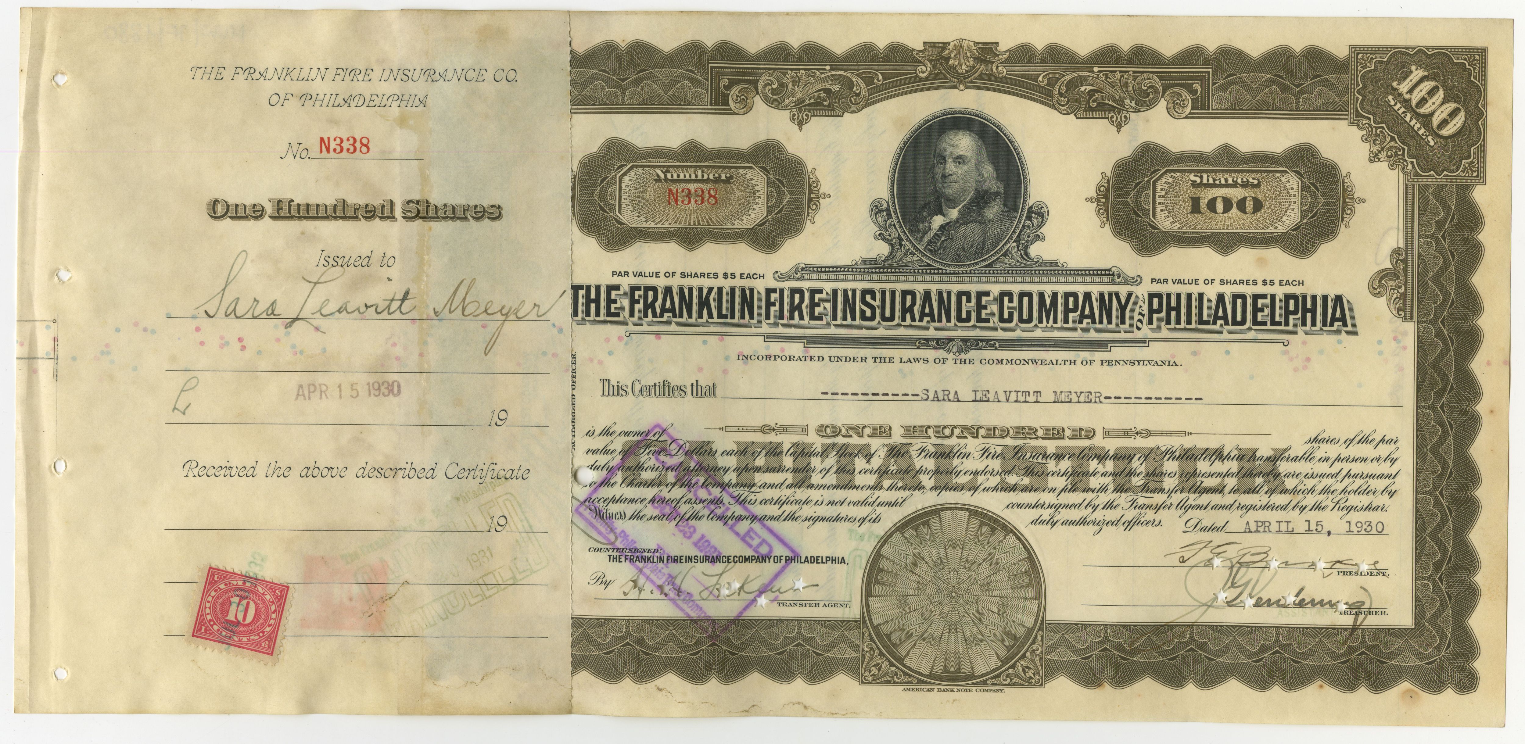 100 akcji The Franklin Fire Insurance Company of Philadelphia z 15 kwietnia 1930 roku.